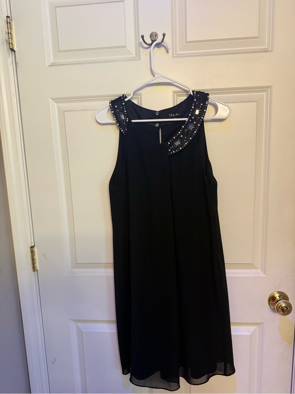 SL Fashions Black Beaded Collar Sleeveless Shift Dress